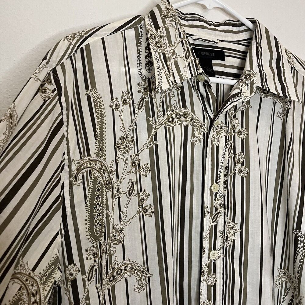 Express Men's White Brown‎ Print Stripe Button Down Long Sleeve Y2K Shirt Large - Picture 3 of 12